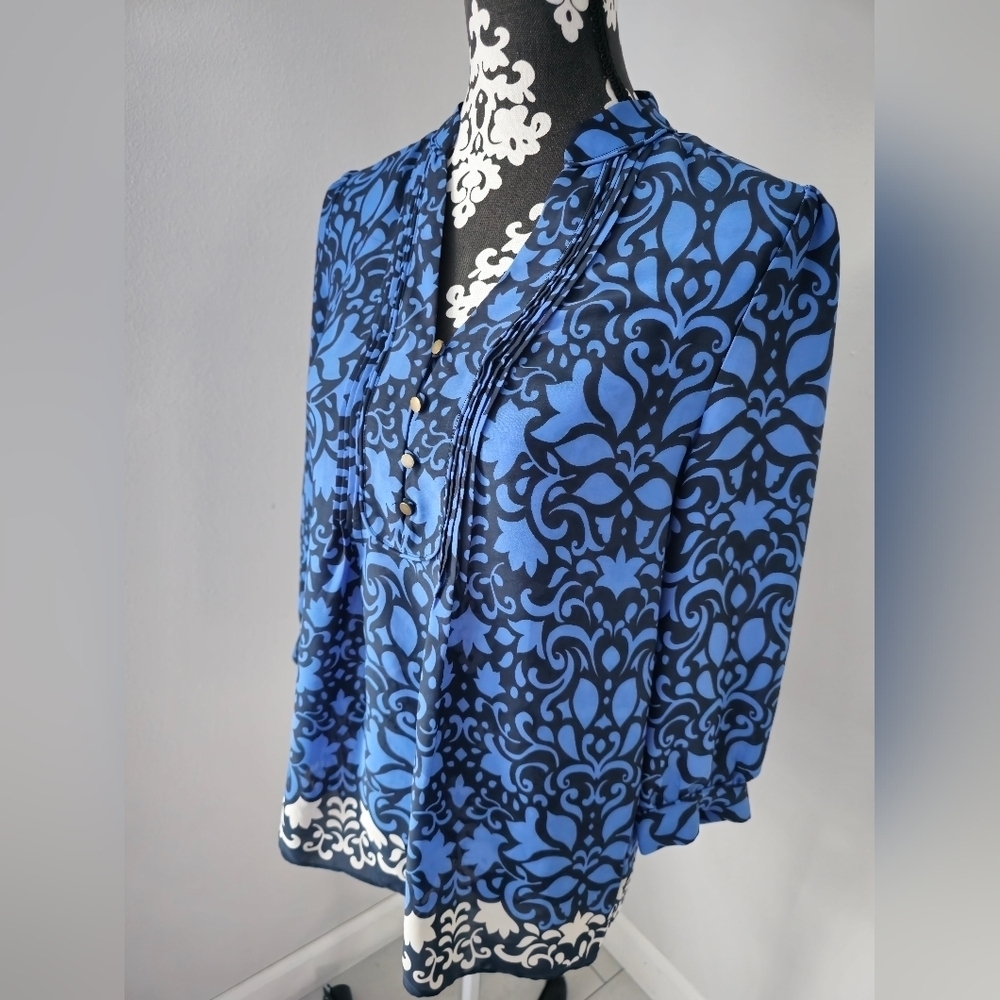 Banana Republic Blue Damask Print Popover Top Blouse Small - Picture 2 of 13